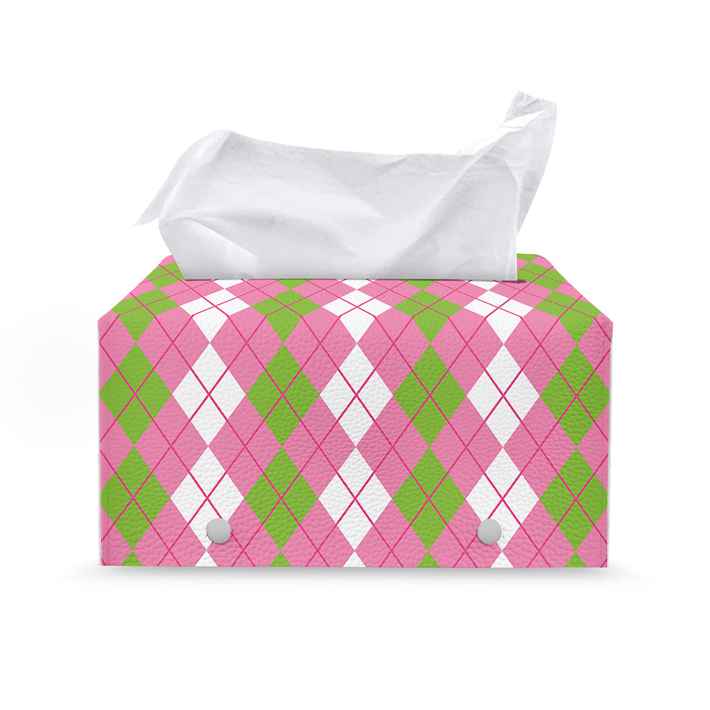 White Pink And Green Argyle Print Leather Tissue Box Cover