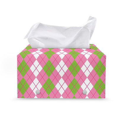 White Pink And Green Argyle Print Leather Tissue Box Cover