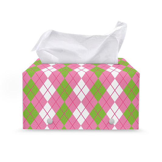 White Pink And Green Argyle Print Leather Tissue Box Cover