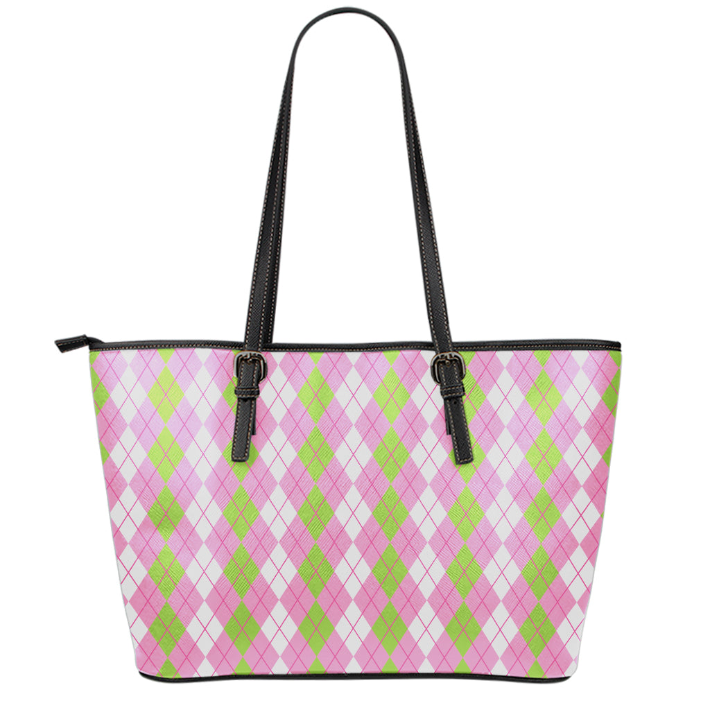 White Pink And Green Argyle Print Leather Tote Bag