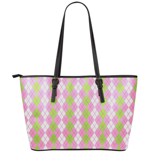 White Pink And Green Argyle Print Leather Tote Bag