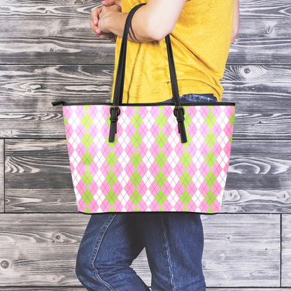 White Pink And Green Argyle Print Leather Tote Bag