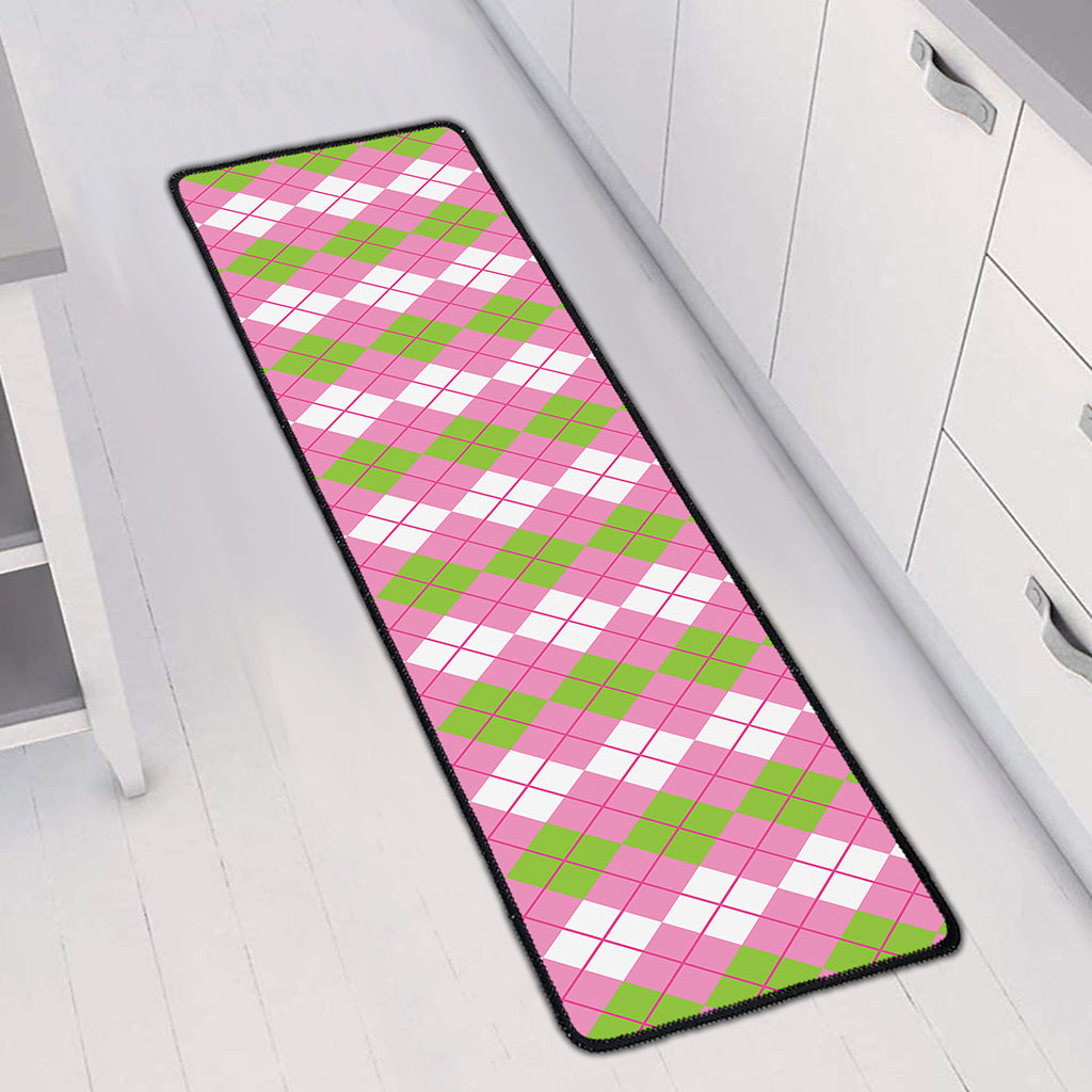 White Pink And Green Argyle Print Long Kitchen Mat