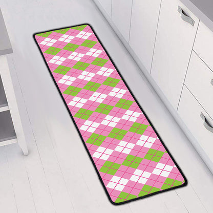 White Pink And Green Argyle Print Long Kitchen Mat