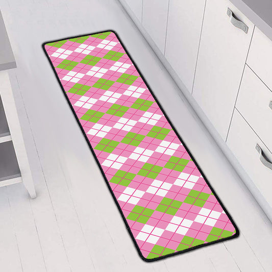White Pink And Green Argyle Print Long Kitchen Mat