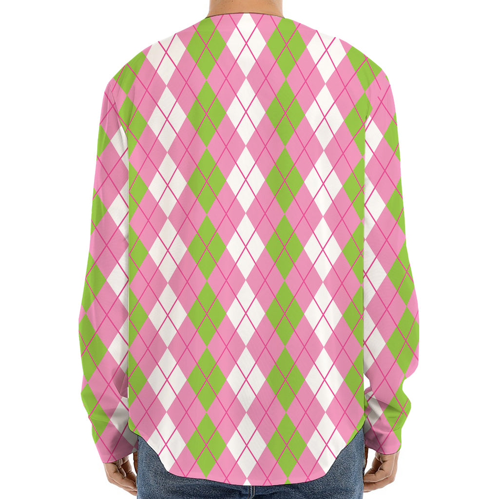 White Pink And Green Argyle Print Long Sleeve Baseball Jersey