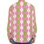 White Pink And Green Argyle Print Long Sleeve Baseball Jersey