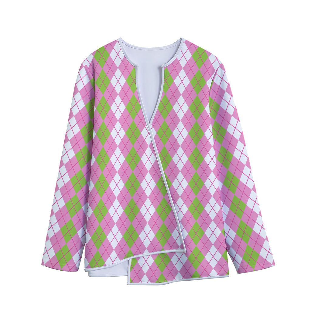 White Pink And Green Argyle Print Long Sleeve Short Coat