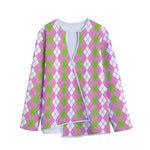 White Pink And Green Argyle Print Long Sleeve Short Coat