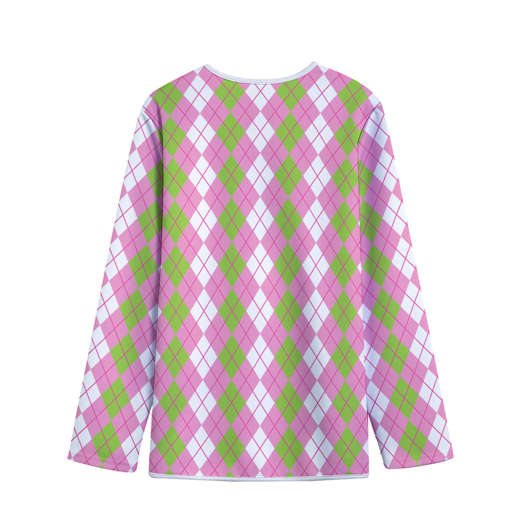 White Pink And Green Argyle Print Long Sleeve Short Coat