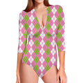 White Pink And Green Argyle Print Long Sleeve Swimsuit