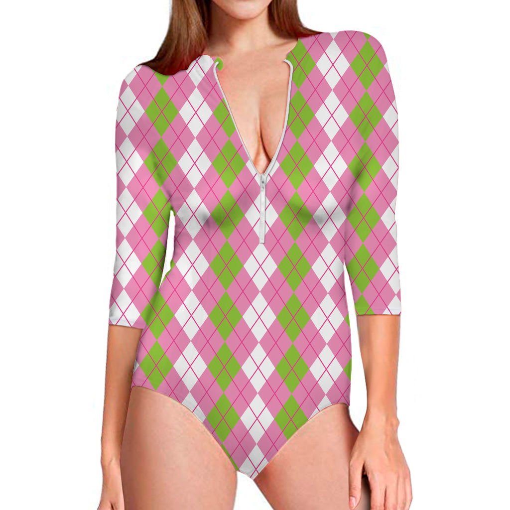 White Pink And Green Argyle Print Long Sleeve Swimsuit