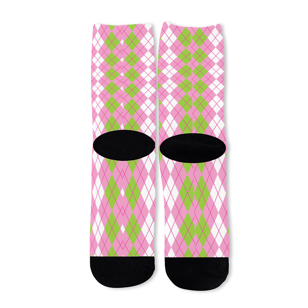 White Pink And Green Argyle Print Long Socks