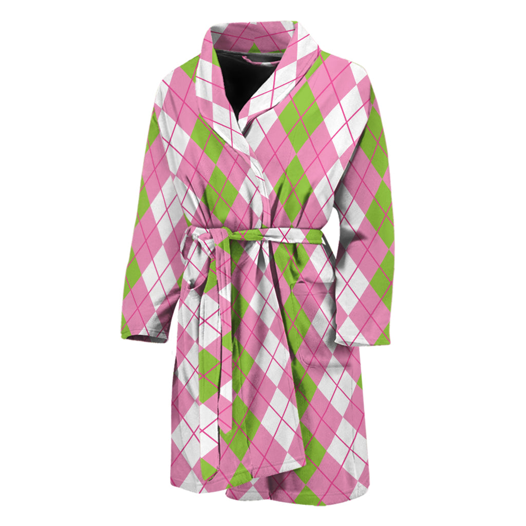 White Pink And Green Argyle Print Men's Bathrobe