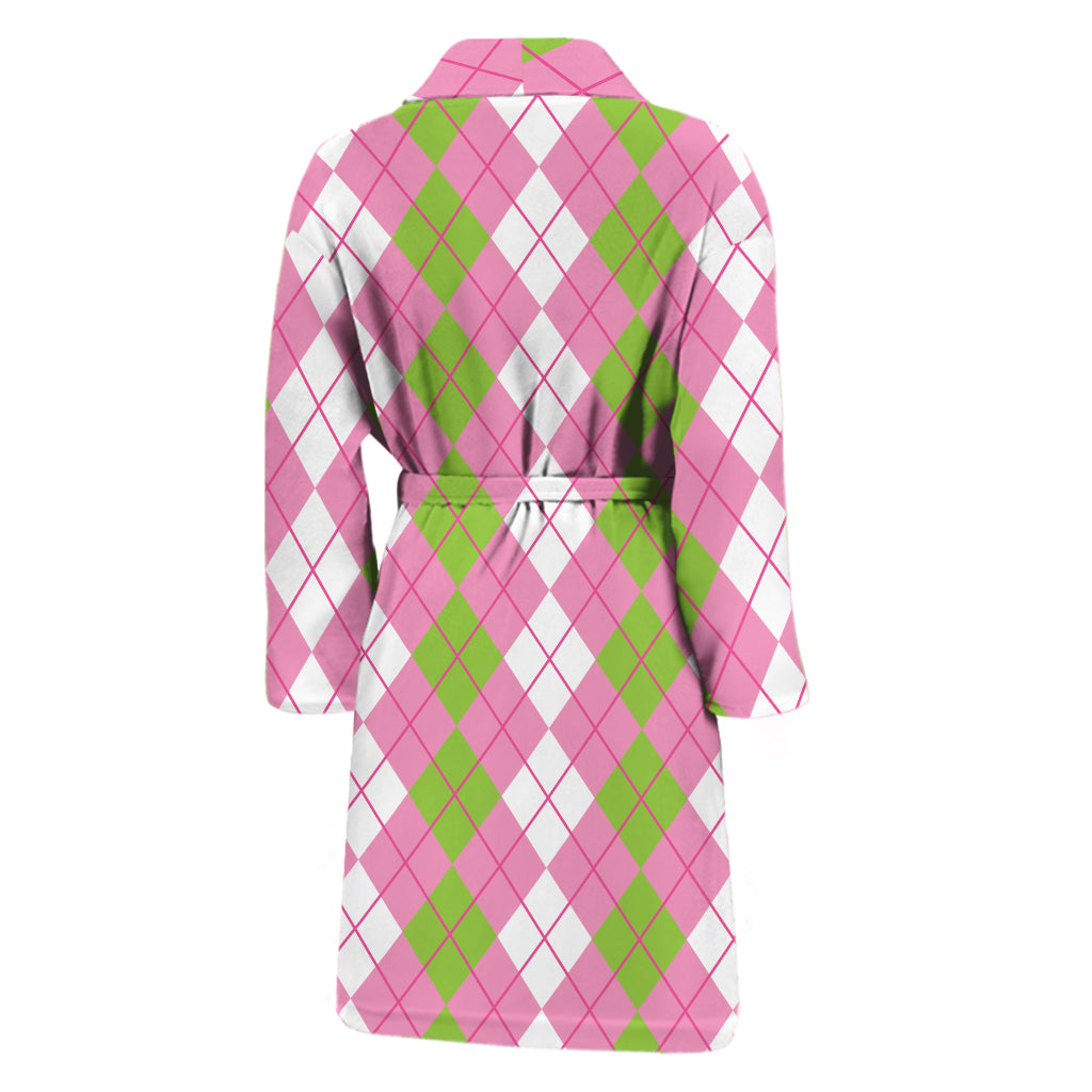 White Pink And Green Argyle Print Men's Bathrobe