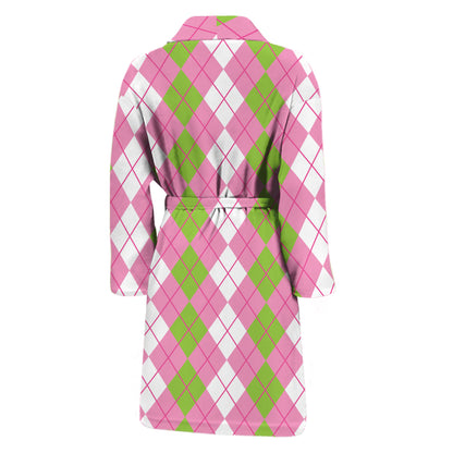 White Pink And Green Argyle Print Men's Bathrobe