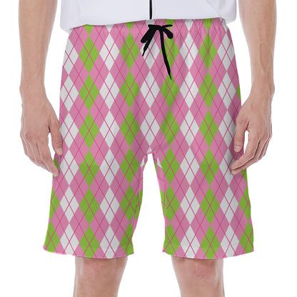 White Pink And Green Argyle Print Men's Beach Shorts
