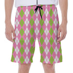 White Pink And Green Argyle Print Men's Beach Shorts