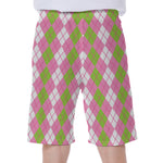 White Pink And Green Argyle Print Men's Beach Shorts