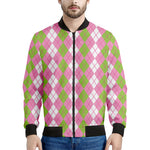 White Pink And Green Argyle Print Men's Bomber Jacket