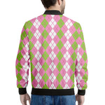 White Pink And Green Argyle Print Men's Bomber Jacket