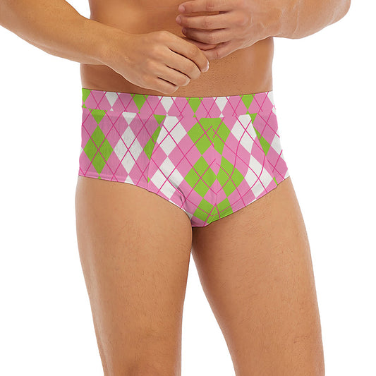 White Pink And Green Argyle Print Men's Briefs
