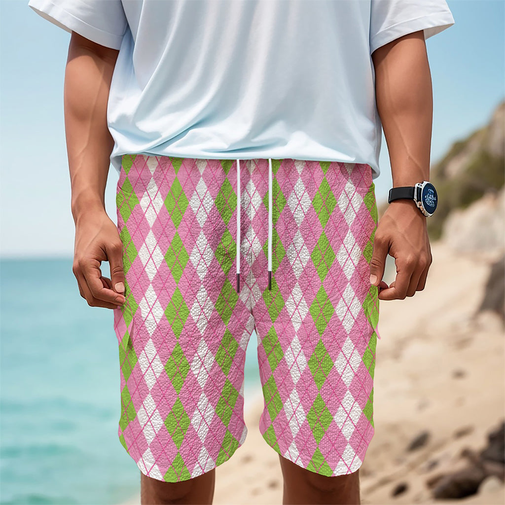White Pink And Green Argyle Print Men's Cargo Shorts