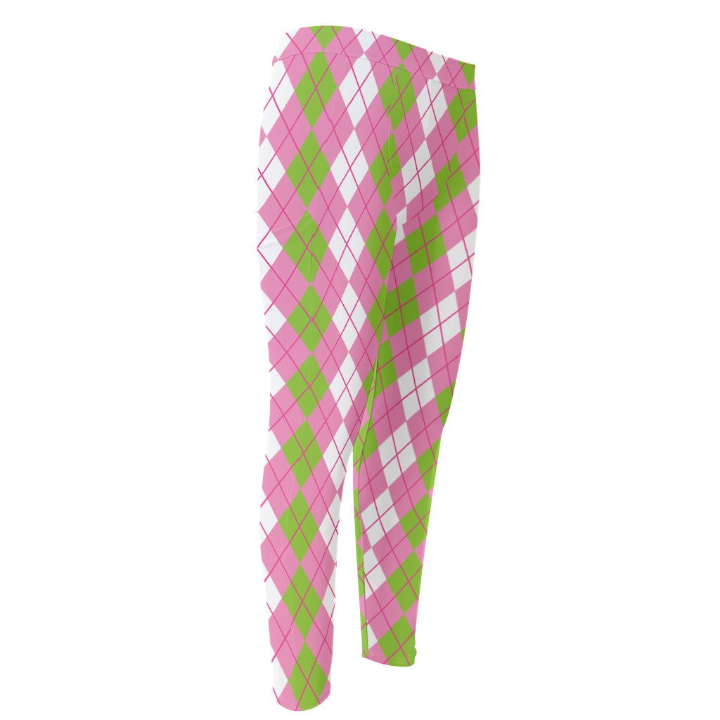 White Pink And Green Argyle Print Men's Compression Pants