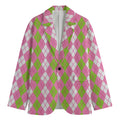 White Pink And Green Argyle Print Men's Cotton Blazer