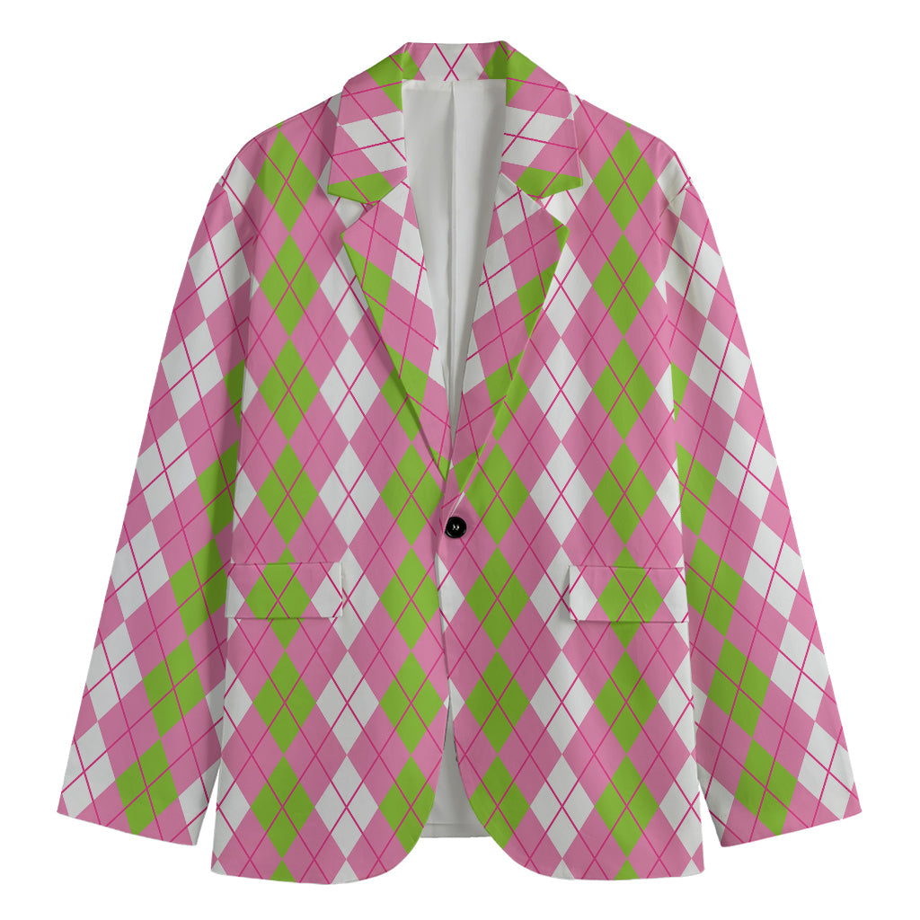 White Pink And Green Argyle Print Men's Cotton Blazer