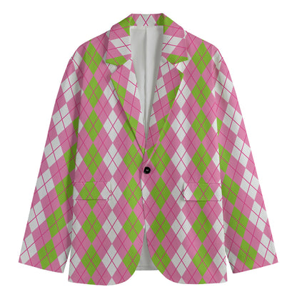 White Pink And Green Argyle Print Men's Cotton Blazer