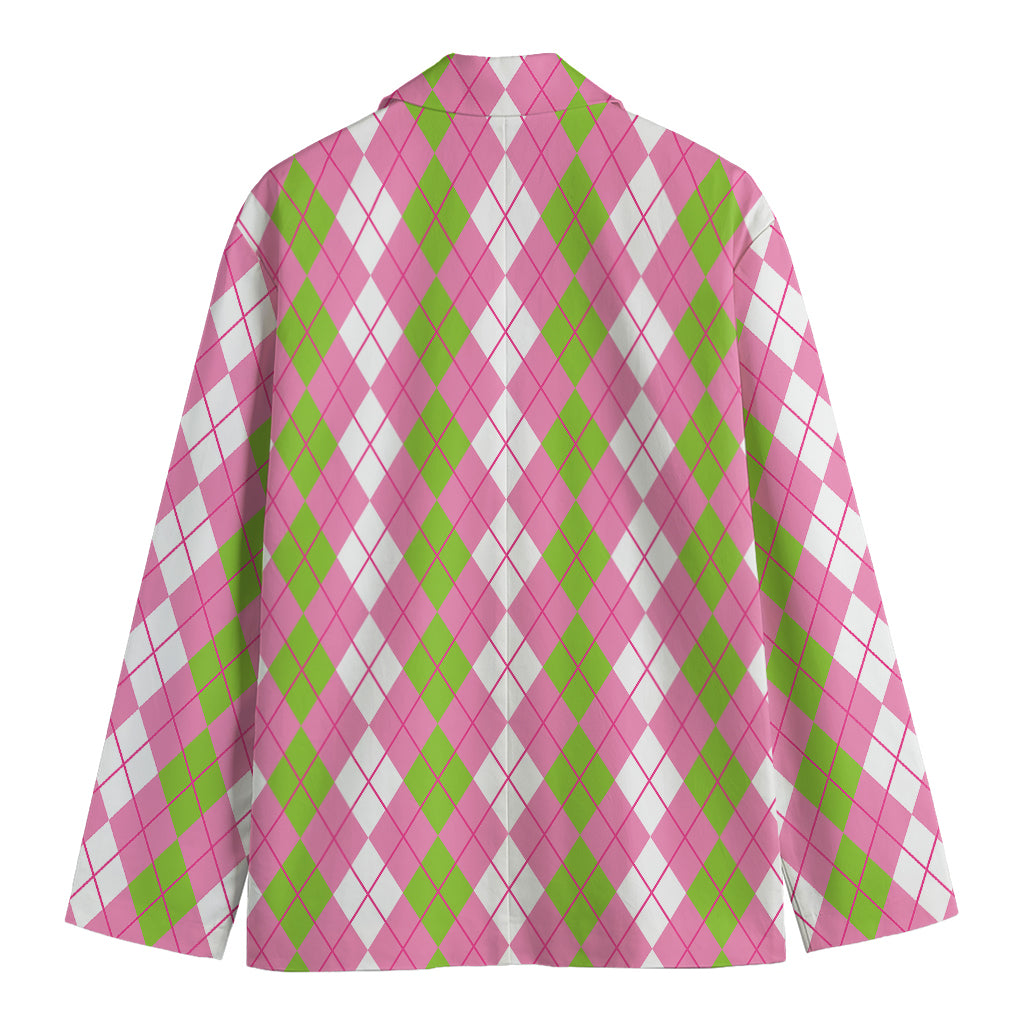White Pink And Green Argyle Print Men's Cotton Blazer