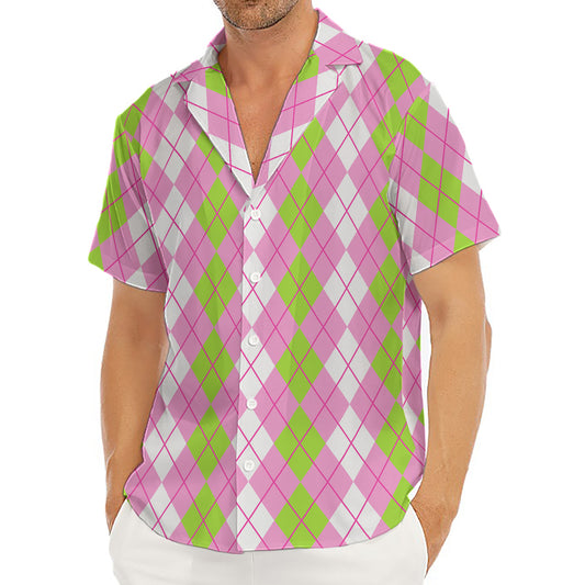 White Pink And Green Argyle Print Men's Deep V-Neck Shirt