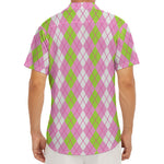 White Pink And Green Argyle Print Men's Deep V-Neck Shirt