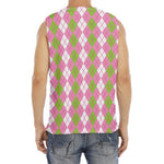 White Pink And Green Argyle Print Men's Fitness Tank Top