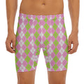 White Pink And Green Argyle Print Men's Long Boxer Briefs