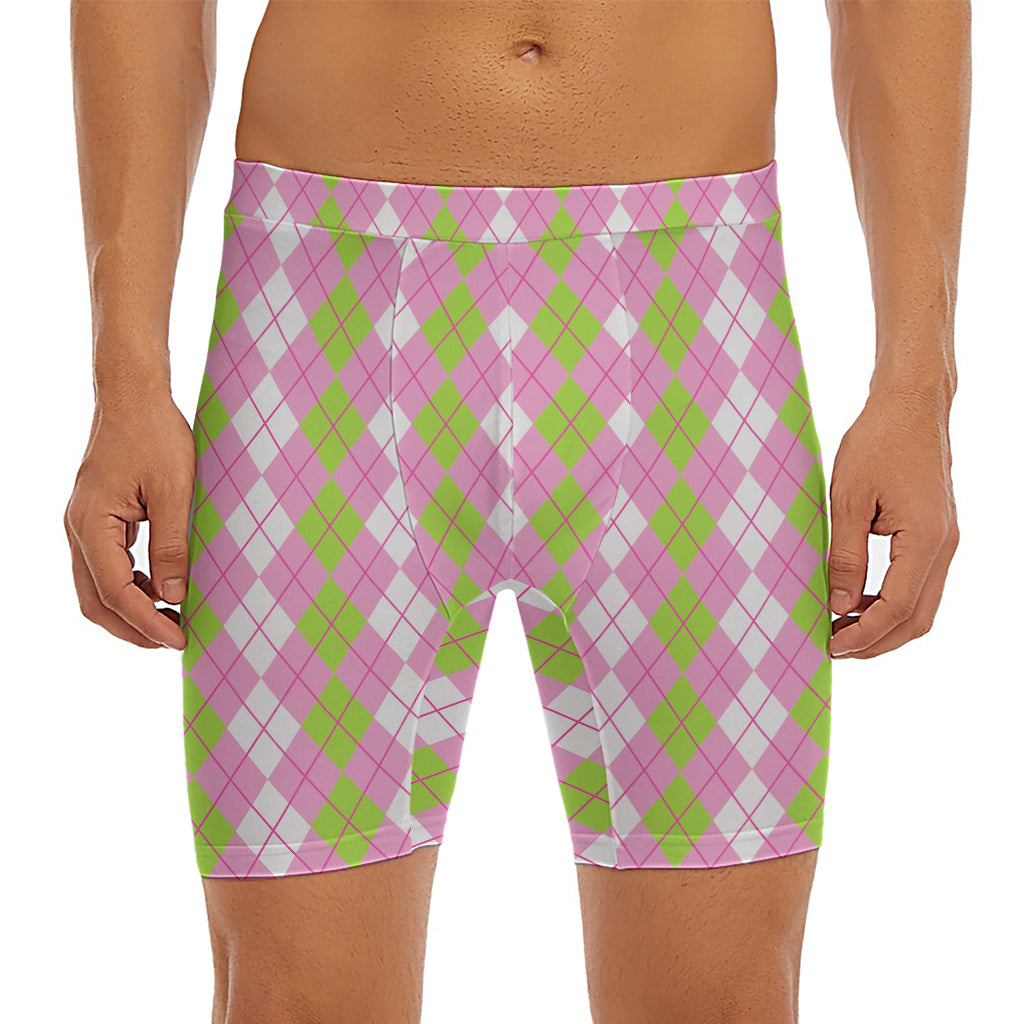 White Pink And Green Argyle Print Men's Long Boxer Briefs