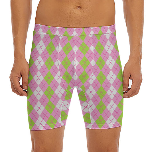 White Pink And Green Argyle Print Men's Long Boxer Briefs