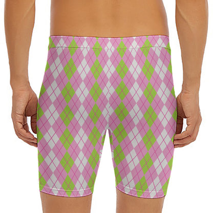 White Pink And Green Argyle Print Men's Long Boxer Briefs