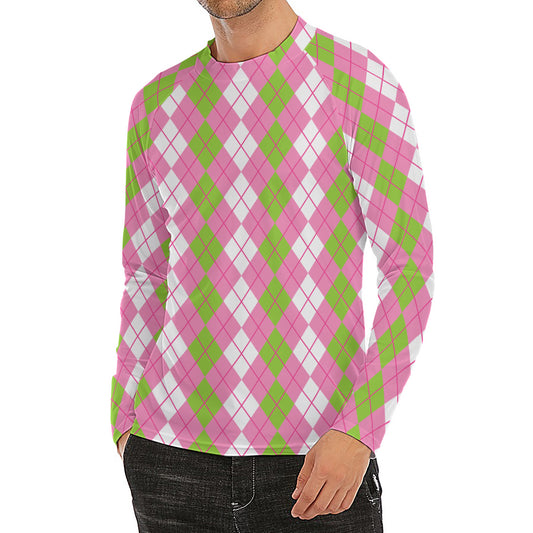 White Pink And Green Argyle Print Men's Long Sleeve Rash Guard