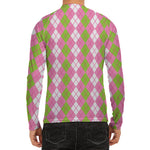 White Pink And Green Argyle Print Men's Long Sleeve Rash Guard