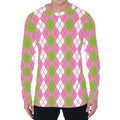 White Pink And Green Argyle Print Men's Long Sleeve T-Shirt