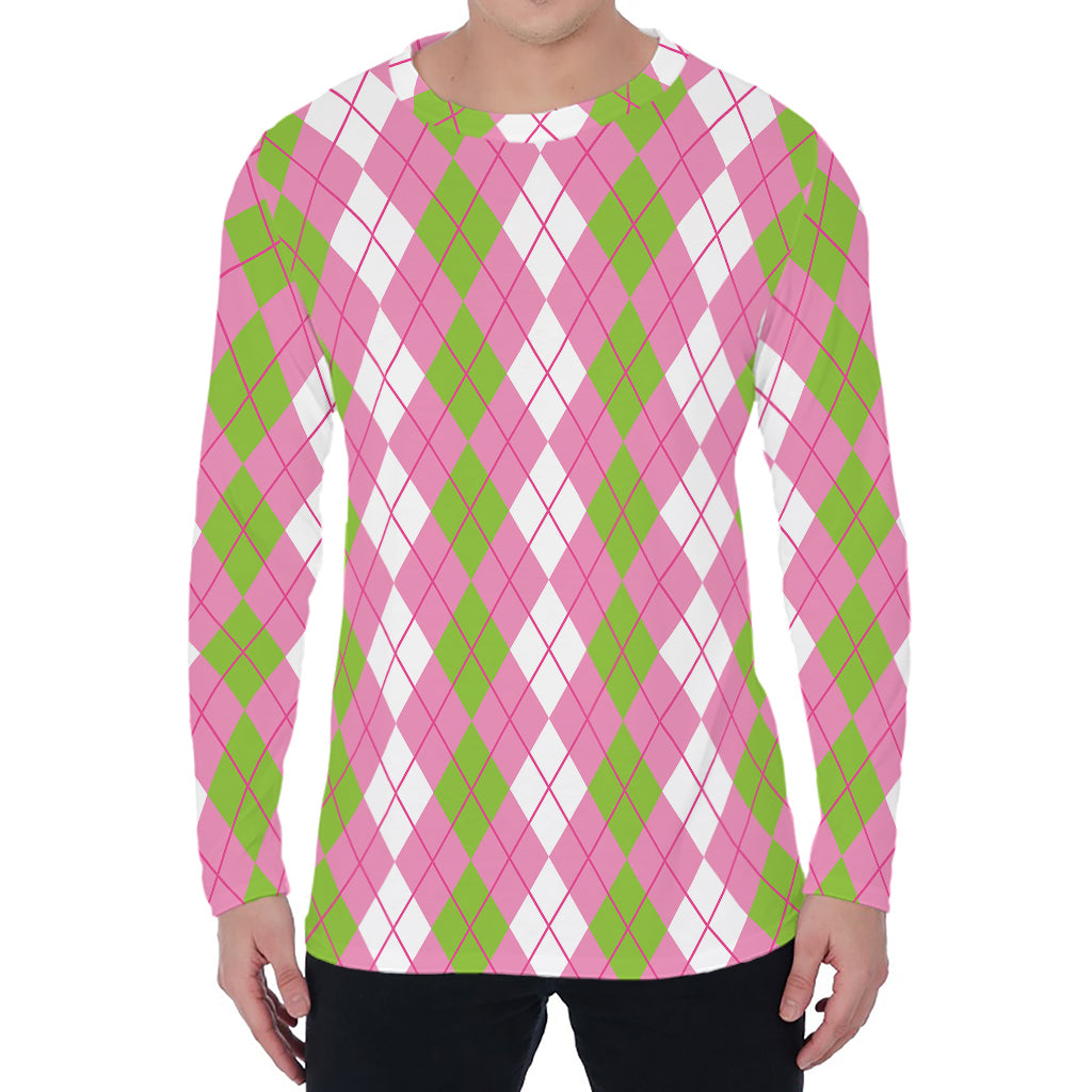 White Pink And Green Argyle Print Men's Long Sleeve T-Shirt