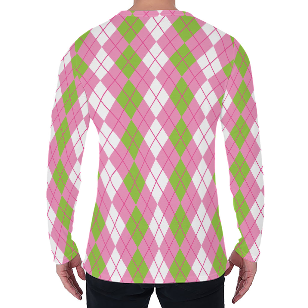 White Pink And Green Argyle Print Men's Long Sleeve T-Shirt