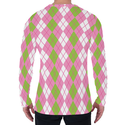 White Pink And Green Argyle Print Men's Long Sleeve T-Shirt