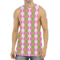 White Pink And Green Argyle Print Men's Muscle Tank Top