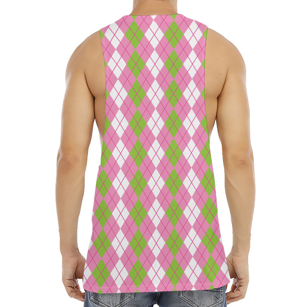 White Pink And Green Argyle Print Men's Muscle Tank Top