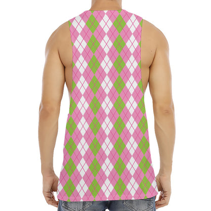 White Pink And Green Argyle Print Men's Muscle Tank Top
