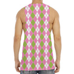White Pink And Green Argyle Print Men's Muscle Tank Top