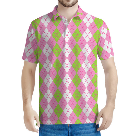 White Pink And Green Argyle Print Men's Polo Shirt